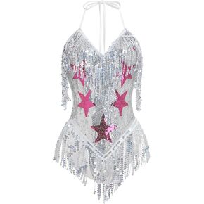 ABAFIP Women's Sequin Fringe Dance Bodysuit Halter V-Neck Sparkly Tassel Leotard Rave Festival Outfit