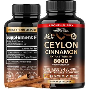 Ceylon Cinnamon Capsules - 8000 mg, Extra Strength - Made in USA - Energy, Heart & Metabolism Support - for Men & Women - Pure Natural Extract 20:1 Supplement - 60 Vegan Pills, 2 Month Supply