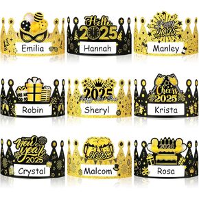 Faccito 36 Pcs Happy New Years Paper Crowns Name DIY New Years Eve Hats Crown Adjustable Hats for 2024 Happy New Year's Party Decorations Favors Supplies, 9 Styles