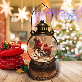 Christmas Snow Globe Lantern, Cardinal Snow Globe Lighted Water Lantern with Music and 6 Hour Timer, USB Lined/Battery Powered Singing Lantern, Christmas Decor Gifts