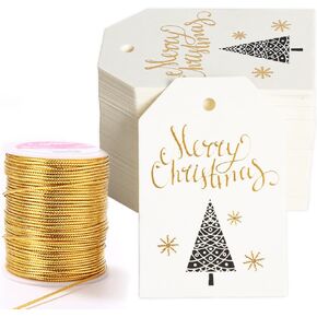 100 PCS Christmas Gold Foil Paper Gift Tags with 328 Feet Metallic Cords for DIY Xmas Present Happy New Year Party Decoration