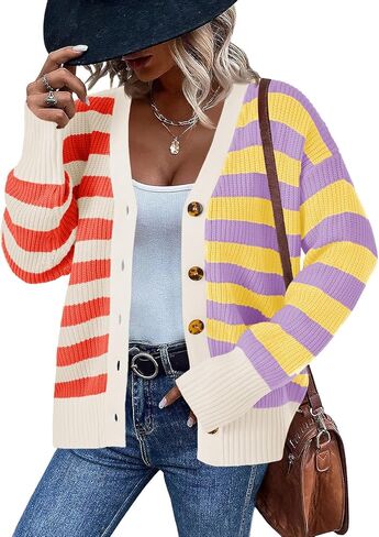 Saodimallsu المرأة مخطط بالأزرار كتلة اللون زر الخامس الرقبة مفتوحة الجبهة مضلع متماسكة فضفاضة العصرية سترة معاطف in Kuwait