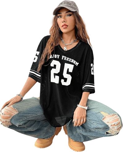 SOLY HUX Jersey Shirts for Women Oversized T-Shirt Jersey Top Graphic V Neck T-Shirts for Teen Girls Casual Football Tee Tops in Saudi Arabia