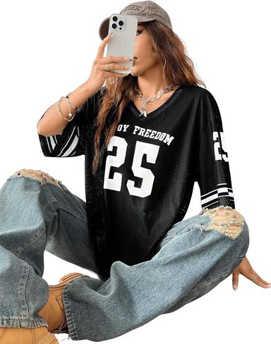 SOLY HUX Jersey Shirts for Women Oversized T-Shirt Jersey Top Graphic V Neck T-Shirts for Teen Girls Casual Football Tee Tops in Saudi Arabia
