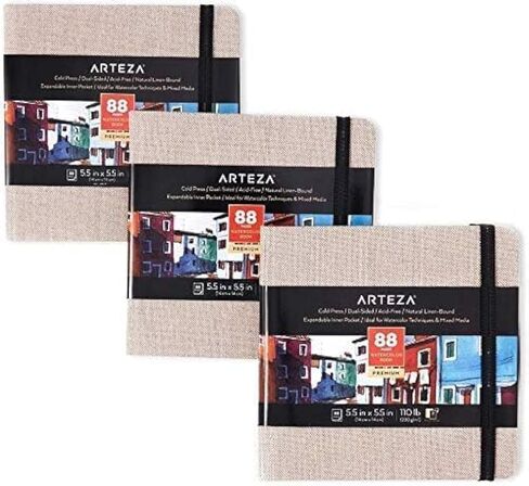 دفاتر رسم بالألوان المائية من Arteza، مقاس 5.5 × 5.5 بوصة، 3 عبوات، 132 ورقة، مجلة فنية رمادية، كتاب ورقي بغلاف مقوى بوزن 110 رطل، لوازم فنية للاستخدام كمجلة سفر ووسادة وسائط مختلطة in Saudi Arabia