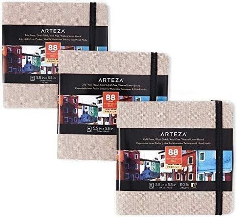 دفاتر رسم بالألوان المائية من Arteza، مقاس 5.5 × 5.5 بوصة، 3 عبوات، 132 ورقة، مجلة فنية رمادية، كتاب ورقي بغلاف مقوى بوزن 110 رطل، لوازم فنية للاستخدام كمجلة سفر ووسادة وسائط مختلطة in Saudi Arabia