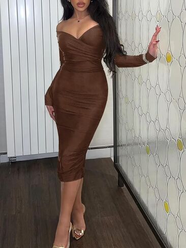 Sexy Off Shoulder Midi Dress for Women Elegant V Neck Bodycon Club Night Party Dresses in Saudi Arabia