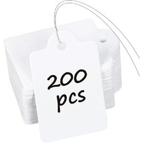 Uniclife 200 Pcs Price Tags with 200 Pcs Wires 1 Inch Writable Price Labels White Price Display Tags for Pricing Clothing Luggage Tools Blank Hang Tags Merchandise Marking Tags, 1.38" x 0.87"