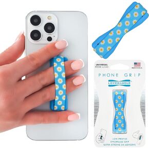 LOVEHANDLE Universal Phone Grip for Most Smartphones, Mini Tablets and Cases, Happy Daisy Design Elastic Strap with Blue Base, lh-01-happydaisy