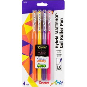 Pentel Arts Hybrid MATTEHOP Gel Roller, 1.0mm, Matte Black, Matte Red, Matte Blue, Matte Green, Pack of 4 Pens (K110VBP4M)