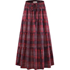 Womens Ruffle Maxi Skirts:High-Waist Elastic Pleated Long Skirt-Summer Casual Boho Flowy Skirts with Drawstring