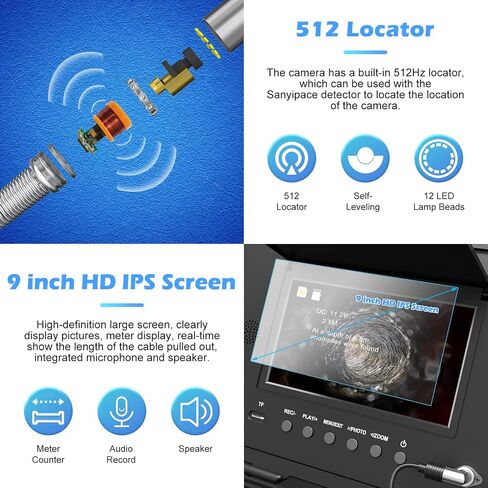 Sanyipace Sewer Camera, 9'' FHD Monitor, Portable Design, 0.15in/3.8mm Cable, IP68 Waterproof Borescope Sewer Inspection Camera with Light, 2600mAh Battery, DVR Recorder with Sounds, 33ft/10m in Saudi Arabia