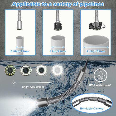 Sanyipace Sewer Camera, 9'' FHD Monitor, Portable Design, 0.15in/3.8mm Cable, IP68 Waterproof Borescope Sewer Inspection Camera with Light, 2600mAh Battery, DVR Recorder with Sounds, 33ft/10m in Saudi Arabia