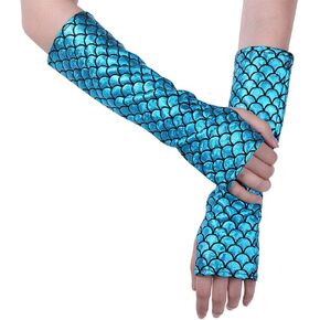 Girls Womens Sequined Mermaid Fish Scale Long Arm Sleeves Fingerless Gloves Costume Rave Party Accessories