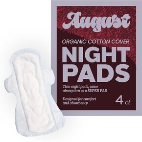 August Menstrual Night Organic Pads for Women, 100% Certified Organic Cotton Overnight Pads, Compostable Wrappers, Toxin Free, Fragrance Free, Hypoallergenic Overnight Pads with Wings, 16 Pads