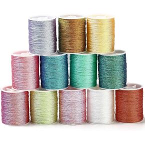 About 262 Yards 0.5MM 12 Colors 6 Ply Multicolor Metallic Cord Gold Silver Shimmer Thread Polyester Tinsel Glitter String Bulk Rolls for Sewing Making Crafts Christmas Bracelets DIY Supply