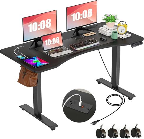 farexon Electric Height Adjustable 55 x 24 inch Standing Desk with Charging Station, Stand up Desk with Oversized Mouse Pad, Ergonomic Curved Workstation, 4 Caster, 4 Preset Heights Easy to Set in Kuwait