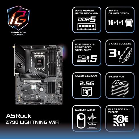ASRock Z790 Lightning WiFi (Phantom Gaming) 14th, 13th & 12th Gen Intel® Core™ Processors (LGA1700) DDR5 Windows® 10 64-bit / 11 64-bit Motherboard in Saudi Arabia