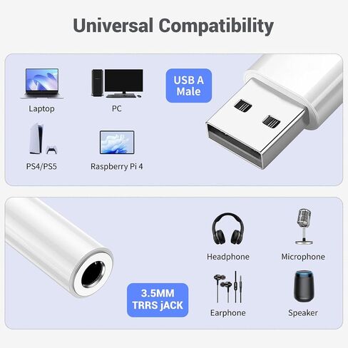 محول مقبس صوت USB إلى 3.5 مم، مع TRRS 4-Pole Mic-Support USB إلى محول AUX لسماعات الرأس متوافق مع سماعات الرأس Windows وأجهزة الكمبيوتر المكتبية والكمبيوتر المحمول وMAC وLinux وPS5 وPS4 والكمبيوتر الشخصي والمزيد من الأجهزة in Kuwait