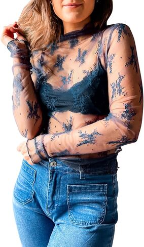 DOROSE بلوزة شبكية بأكمام طويلة للنساء من الدانتيل ورقبة وهمية، بلوزة شفافة مثيرة in Kuwait