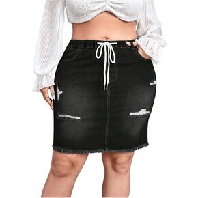 MakeMeChic Women's Plus Size Denim Skirt Elastic Waist Drawstring Raw Hem Ripped Skirt Pocket Vintage Short Skirt