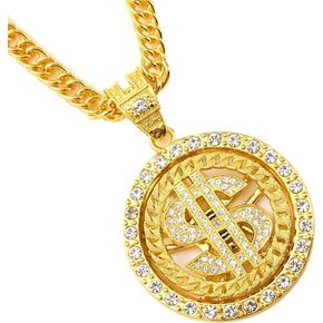 Cuban chain fake necklace 18K gold-plated hip-hop necklace circular US dollar logo rotatable pendant, Men's and Women's Necklace, 24 inches (approximately 61cm)