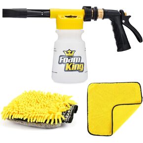 Foam King™ Gun Car Wash + Microfiber Mitt Detailing Towel - Connects to Garden Hose Ultimate Scratch Free Cleaning Snow Blaster Cannon Washing Kit