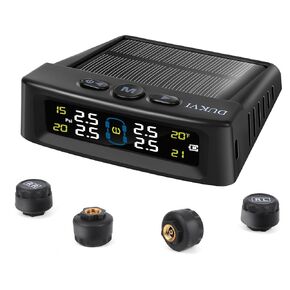 RV Tire Pressure Monitoring System with Solar and USB Charger, Trailer TPMS with 4 Sensors & 6 Alarm Modes, LCD Display Screen, Real-Time Pressure and Temperature Monitor for Sedan, SUV, MPV(0-99 PSI)