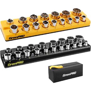 Magnetic Socket Organizer, 2-Piece Drive SAE & Metric Socket Set, 1/2" Magnetic Socket Tray Holds 52 Standard Sockets(Socket Not Included), Black & Yellow