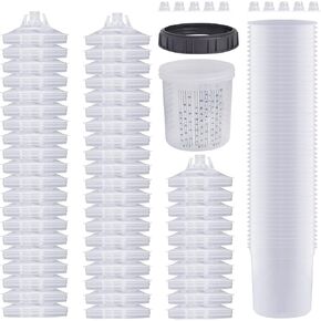 Disposable Paint Sprayer Mixing Cup for Automotive Paint Gun, HVLP Paint Spray Paint Gun 20 Ounce (600ml) Kit with 50 Cups and Lids System, 1 Hard Cup with Retainer Ring and 10 Plugs