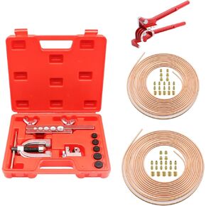 Brake Line Flaring Tool Kit, 3/16＆1/4 Brake Line Kit Includes 25ft 3/16＆1/4 brake line, Tube Bender, 32 Fittings and 10 Unions Brake Line Fittings, Brake Line Repair Kit for Brake Line Replacement