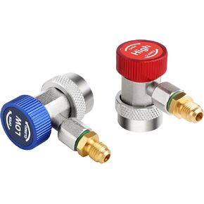 R134a Refrigerant Adapter, Adjustable R134a Quick Coupler Adapters for AC Recharging Fittings, HP and LP Connectors for AC System Evacuation R134a Car Refrigerant, 1/4"" Flares, Set of 2
