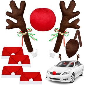 16.7 Inch Dark Brown Christmas Reindeer Car Kit - Christmas Reindeer Car Kit with 4 Adorable Car Seat Santa Hat, Christmas Decorations for Car Perfect for Various Car Models