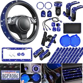 CAR PASS 30 PCS Bling Car Accessories Set for Women, Bling Steering Wheel Covers 15 Inch, Shining Rhinestone License Plate Frame, Sparkly Diamond Phone Holder, Cute Interior Set Decorations, Silver