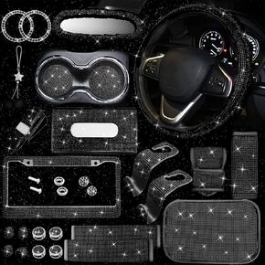 25PCS Bling Car Parts Set,Bling Car Parts Set Female Universal Fit 15 Inches,Bling Iicense Plate Frame,Bling Center Console Cover,Bling Rearview Mirror Set,Other Car Decorations(Black)