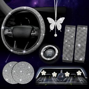 ARTILAURA 11 PCS Pink Car Accessories Set for Women, Bling Steering Wheel Covers, Bling Butterfly Hanging Interior, Seat Belt Cover, Air Vent Clips, Bling Diamond Car Interior Accessories (Pink)