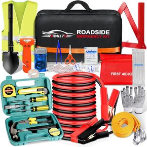 Car Emergency Roadside Tool kit,Road Side Safety Assistance Kit for Women Men Adult,Auto Truck Vehicle Emergency Bag with Shovel Jumper Cable First Aid Kit Blanket Front Rear Cover Alignment Tool