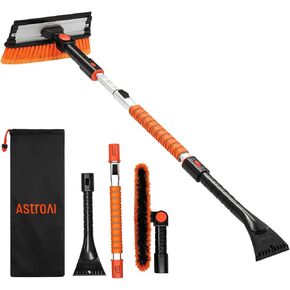 AstroAI 47.2" Ice Scrapers for Car Windshield, 3 in 1 Sturdy Snow Brush with Squeegee, 10 Adjustable Length Settings, Extendable Aluminum Handle, 180° Pivoting Snow Scraper for Car, Truck, SUV(Orange)