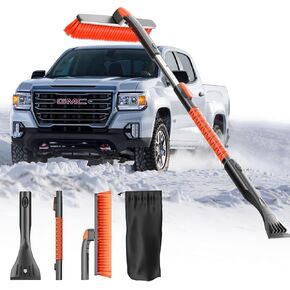 [Upgrade] Ice Scraper & Extendable Snow Brush for Car Windshield [Military-Grade Sturdy] - 360° Pivoting Brush Head with Silicone Grip for Effortless One-Swipe Clean on Auto (Large)