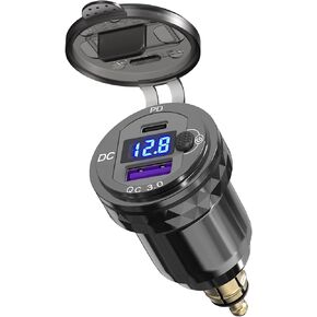 Qidoe Motorcycle Power Adapter Waterproof Hella Din Plug to USB Adapter with ON-Off Switch 30W USB C PD3.0 Din USB 18W QC3.0 Quick Charge Aluminum Voltmeter Ducati Triumph BMW Motorcycle Accessories