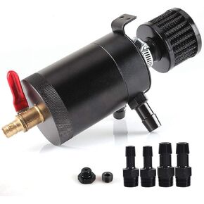 Oil Catch Can Kit with 4 Adapters + Breather Filter Drain Valve Plug 2 Ports (1 oulet + 1 inlet) 150ml Universal Aluminum Baffled Oil Reservoir Tank Oil Separator HTRACING