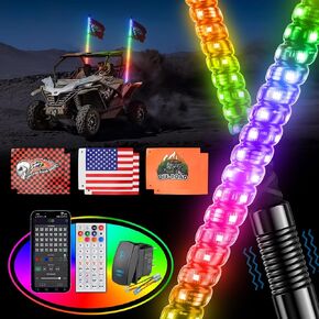 2PCS 3FT Whip Lights for UTV ATV with Spring Base, Tripled Brighter Led Whip Light W/Rocker Switch & 6 Flags, Spiral Chasing Lighted Antenna Whip with APP & Remote Control for RZR SXS Can-Am