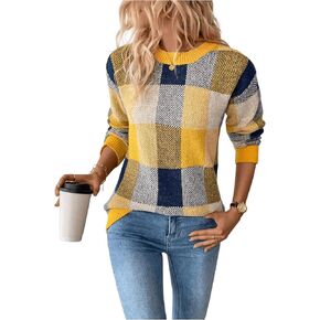 GORGLITTER Women's Argyle Checkered Sweater Plaid Long Sleeve Fall Knit Sweater Pullover Tops