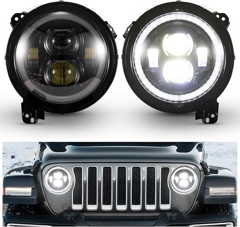 مصابيح أمامية LED مستديرة 9 بوصة من Kiwi Master Halo DRL لسيارة Jeep Gladiator JT 2018-2024 Jeep Wrangler JL/4xe ملحقات المصباح الأمامي مع أضواء الجري النهارية in Kuwait