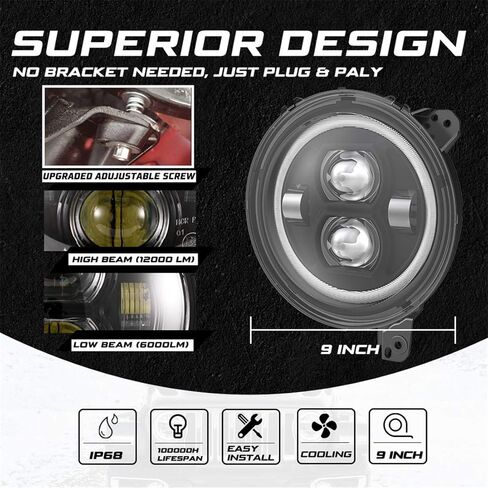 مصابيح أمامية LED مستديرة 9 بوصة من Kiwi Master Halo DRL لسيارة Jeep Gladiator JT 2018-2024 Jeep Wrangler JL/4xe ملحقات المصباح الأمامي مع أضواء الجري النهارية in Kuwait