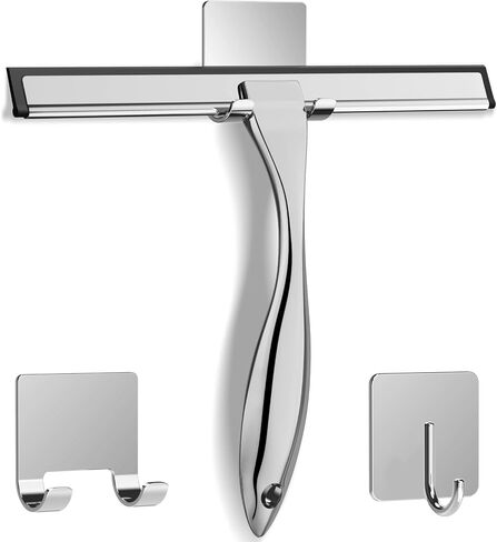 All-Purpose Stainless Steel Shower Squeegee for Shower Glass Door with 2 Adhesive Hooks, Bathroom Cleaner Tool Household Window Mirror Squeegee , Cleaning Tile Wall, Car, 10 Inch Silver in Saudi Arabia