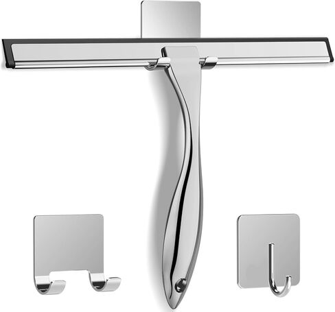 All-Purpose Stainless Steel Shower Squeegee for Shower Glass Door with 2 Adhesive Hooks, Bathroom Cleaner Tool Household Window Mirror Squeegee , Cleaning Tile Wall, Car, 10 Inch Silver in Saudi Arabia