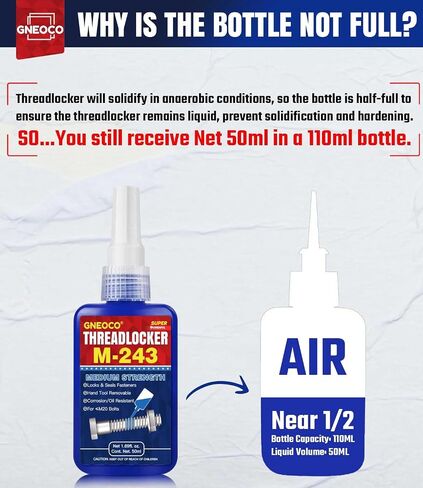 ThreadLocker Blue, Thread Lock Medium Strength Lock Tight for Nuts, Bolts, Fasteners and Metals, Anaerobic Curing Metal Glue to Prevent Loosening and Corrosion (M243-50ml) in Saudi Arabia