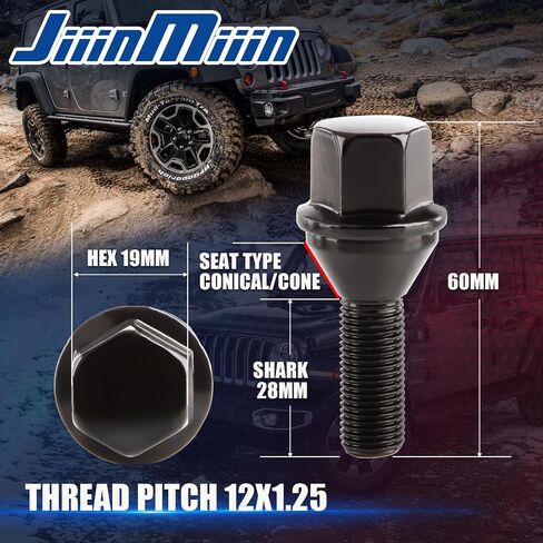 Jiiinmiiin M12x1.25 ONE-Piece Design Conical Seat Wheel Lug Bolts 20pcs ET Black Studs Set Shank Length 28mm, 19mm Hex Compatible with 2015-2022 Je/ep Renegade, 2018-2022 Compass, 2014-2022 Cherokee in Kuwait
