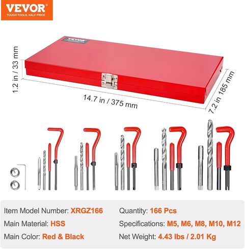 VEVOR Thread Repair Kit - 166Piece Metric HSS Drill Helicoil Repair Kit - M5 M6 M8 M10 M12 Portable Rethreading Tool Kit - Thread Inserts Taps Breakoff Installation Tools in Saudi Arabia